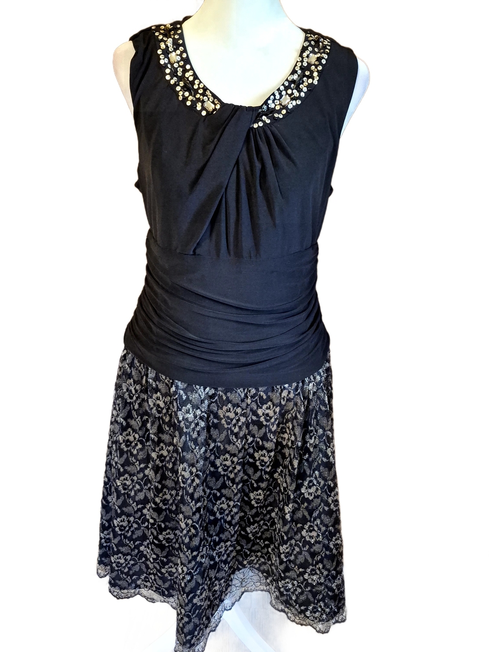S.L. Fashions Black Sleeveless Lace Skirt Dress with Jeweled Neckline